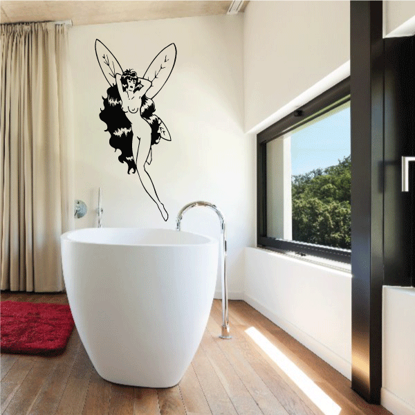 Black fairy hair decal with wings and smiling face, floating silhouette on wall