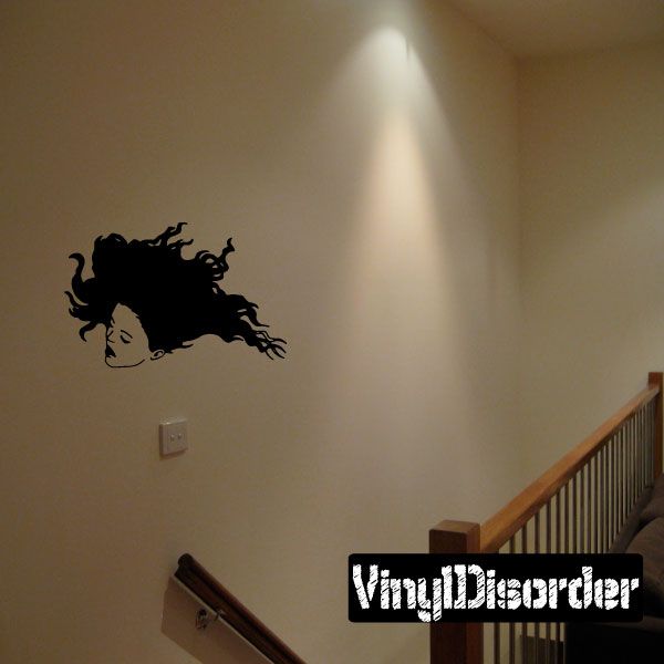 Wild hair woman head decal, black silhouette with flowing hair