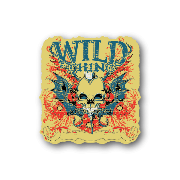 Square vinyl sticker with colorful skull and ornate winged design