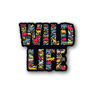 Wildlife animal collage vinyl sticker, rounded rectangle with colorful dogs, cats, birds
