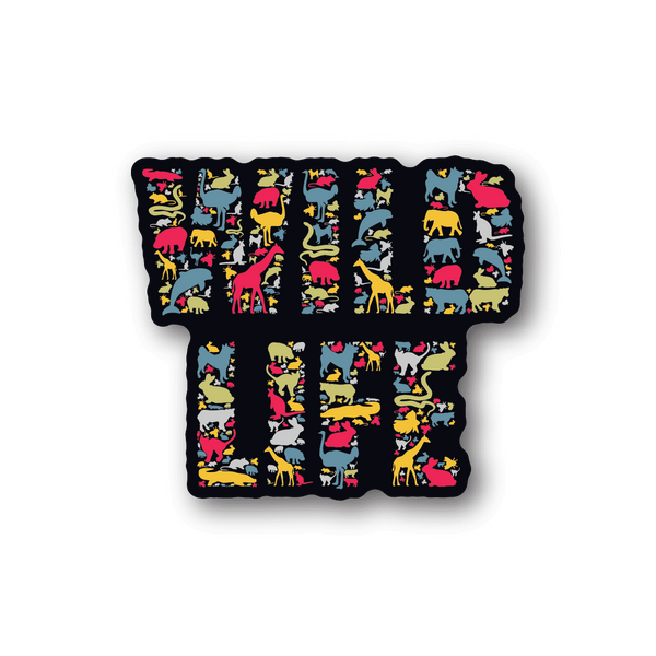 Wildlife animal collage vinyl sticker, rounded rectangle with colorful dogs, cats, birds