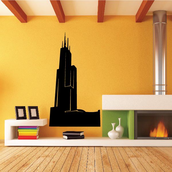 Willis Tower Chicago wall decal, black silhouette of tower and skyline