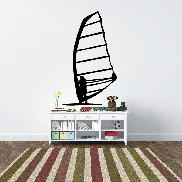 Wind surfing vinyl wall decal, black silhouette of sailboard and sail