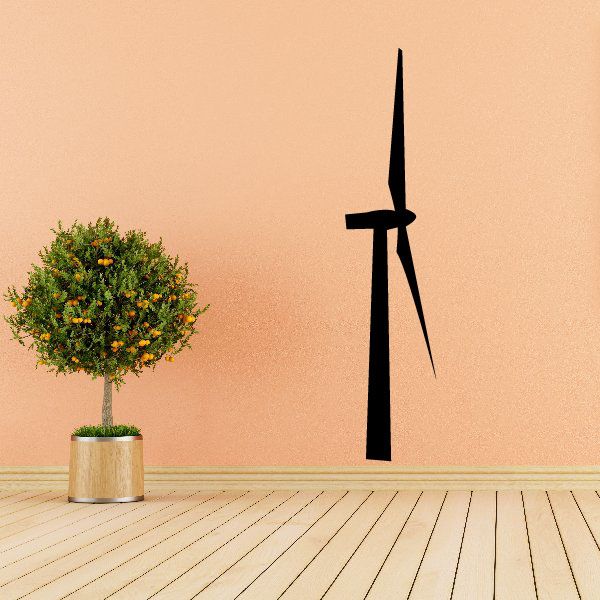 Wind turbine decal with black angled blades on a tall pole