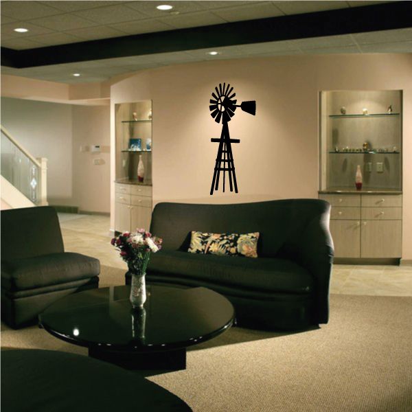 Windmill wall decal in black vinyl, silhouette of a windmill with blades and base