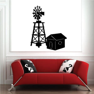 Vinyl windmill wall decal with black barn house silhouette