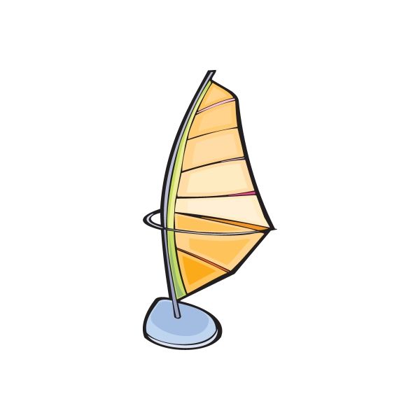 Windsurfing sticker of yellow sail on blue base, cartoon style