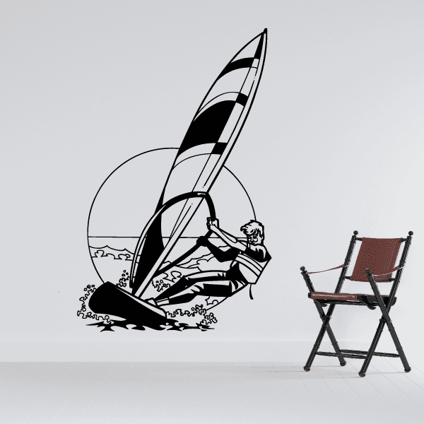 Windsurfing wall decal showing black and white windsurfer with sail and waves