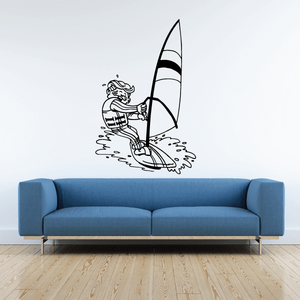 Windsurfing wall decal with surfer holding sailboard and wave splash silhouette