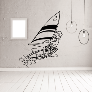 Windsurfing wall decal vinyl sticker, black line art surfer on sailboard with wave