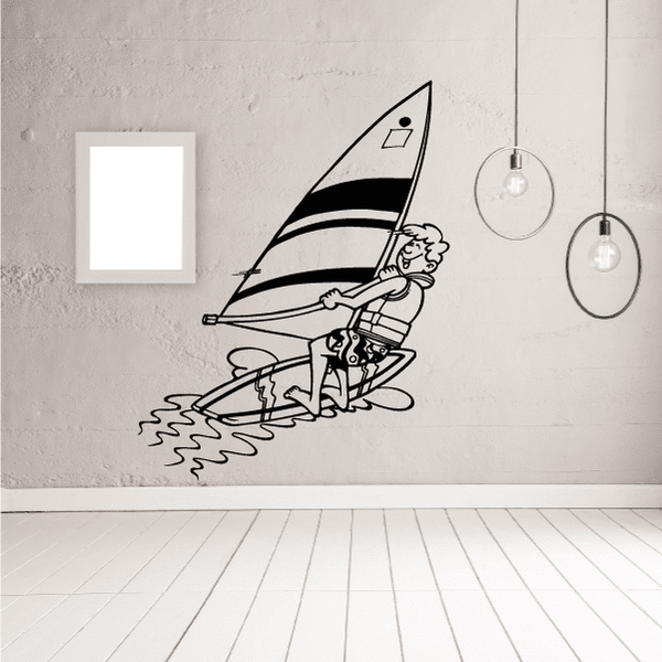 Windsurfing wall decal vinyl sticker, black line art surfer on sailboard with wave