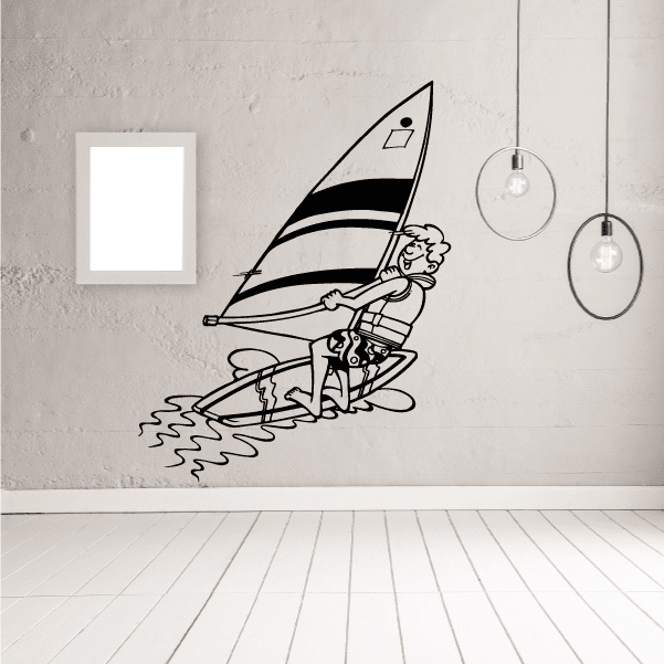 Windsurfing wall decal vinyl sticker, black line art surfer on sailboard with wave