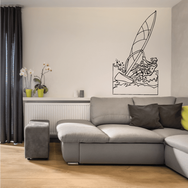 Windsurfing wall decal with line-art sailor riding a board with sail
