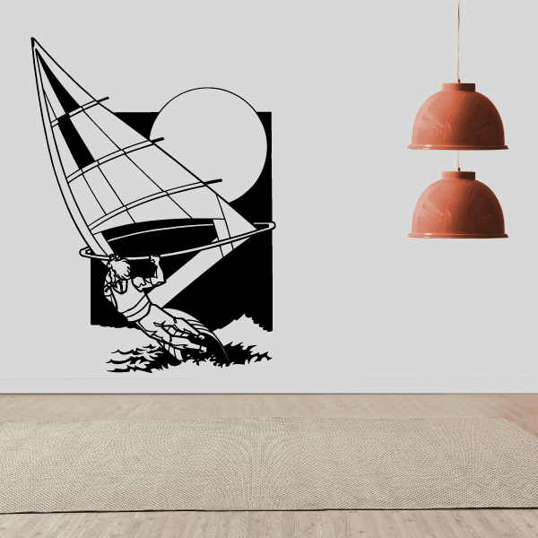 Windsurfing wall decal vinyl with black sailboard and rider silhouette above waves