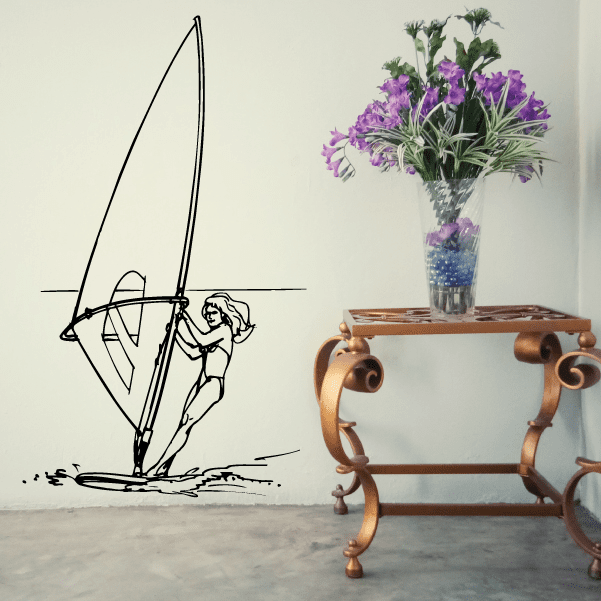 Windsurfing wall decal in black line art, shows sailboard and standing windsurfer