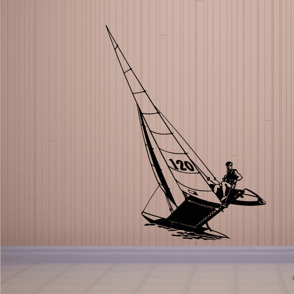 Windsurfing wall decal of black sailboard with rider silhouette and sail lines