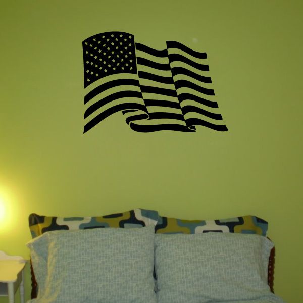 Waving American flag decal with blue stars and red stripes