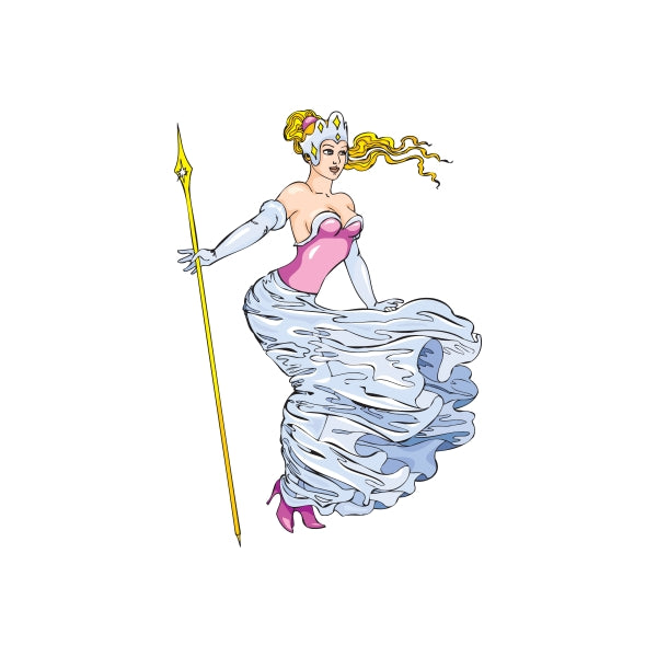 Warrior woman sticker of a fair-haired woman holding a golden trident, flowing blue dress