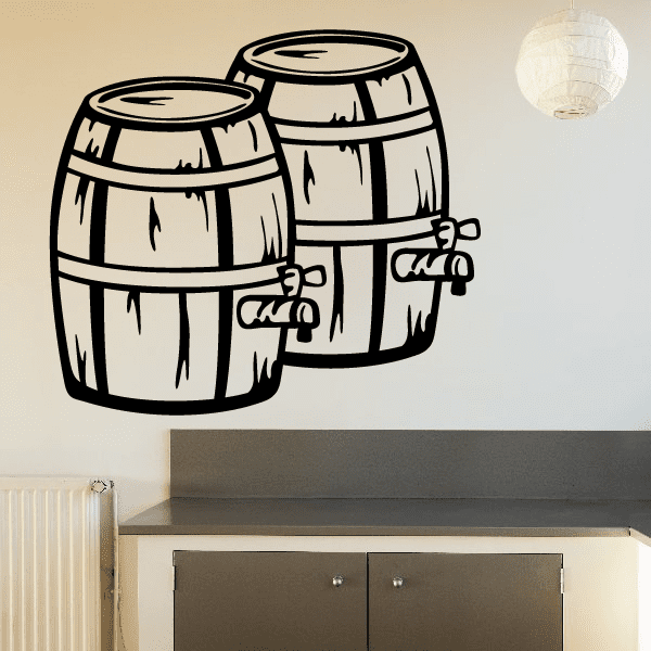 Wine barrel decal with two cartoon barrels