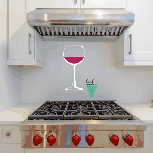Wine glass wall sticker with red wine and small green grapes bunch