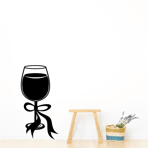 Stemmed wine glass decal with black ribbon bow