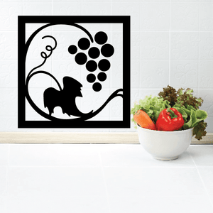 Square wall decal with black wine grape cluster and vine silhouette