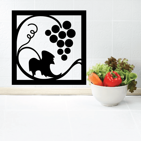 Square wall decal with black wine grape cluster and vine silhouette
