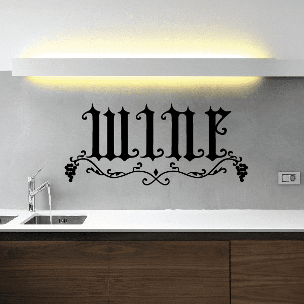 Wine lettering decal with grape cluster and ornate black scrolls