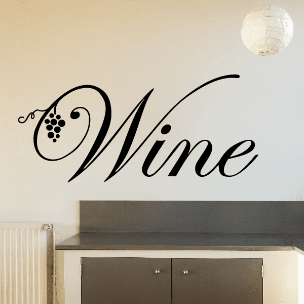 Wine-themed wall decal with cursive 'Wine' and grape-filled wine glass