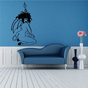 Winged devil girl wall decal kneeling with spear