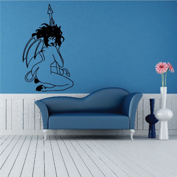 Winged devil girl wall decal kneeling with spear