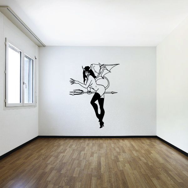 Black winged devil girl decal with pitchfork, riding pose