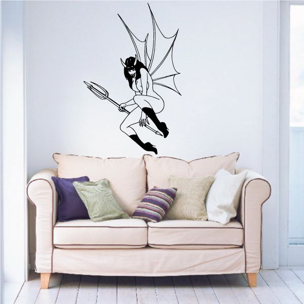 Winged devil girl decal with pitchfork, sitting black silhouette