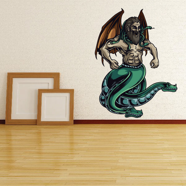 Winged gorgon sticker: green serpent-bodied warrior with bat-like wings