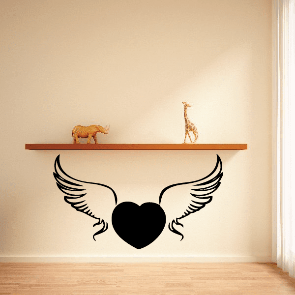 Black winged heart wall decal with outlined wings and a solid heart center