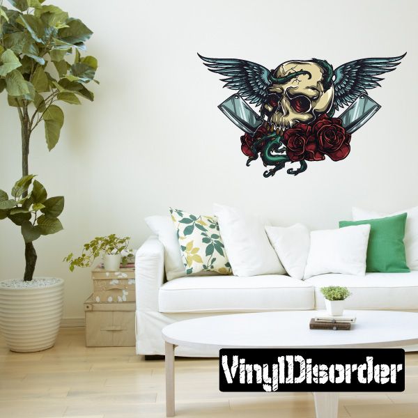 Winged skull and rose decal sticker with dark banner text
