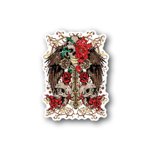 Vinyl sticker of winged skull with red roses and green highlights, ornate floral frame