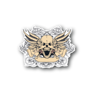 Vinyl sticker with winged skull rock logo, beige skull, gold wings, white line art