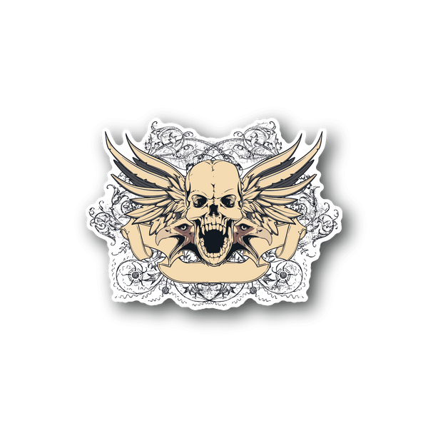 Vinyl sticker with winged skull rock logo, beige skull, gold wings, white line art