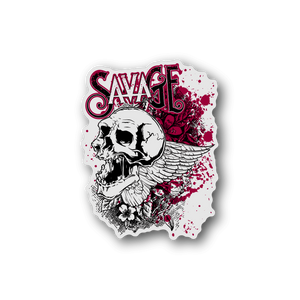 Vinyl sticker with winged skull graphic, red and white splatter, Savage logo