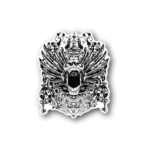 Winged skull graphic vinyl sticker with black-and-white ornate wings