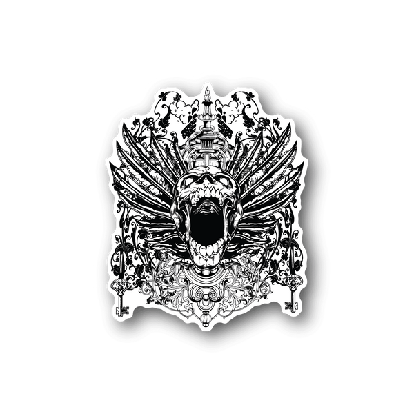 Winged skull graphic vinyl sticker with black-and-white ornate wings