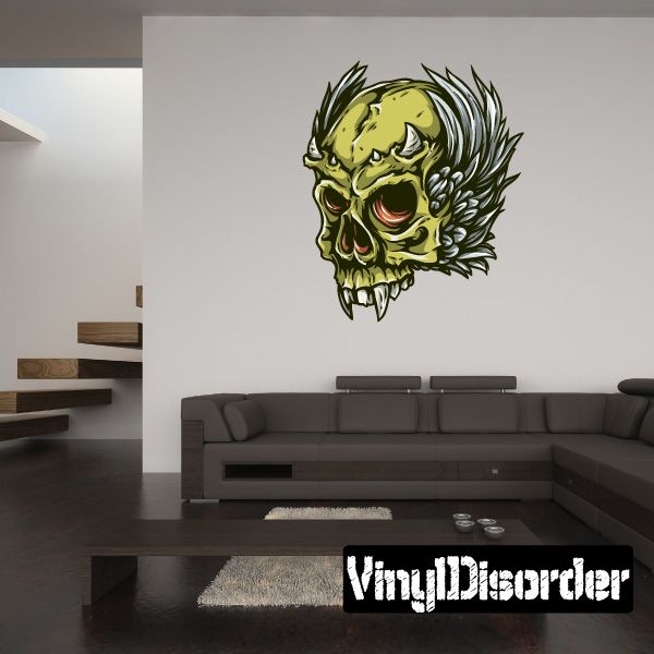 Winged skull sticker with green skull and gray wings, cartoon style
