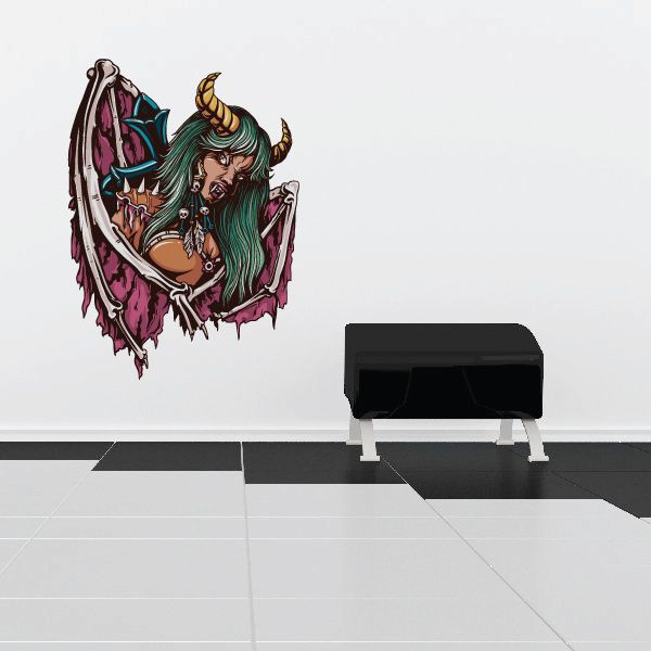Winged succubus sticker: demon woman with teal hair, horns, purple bat wings