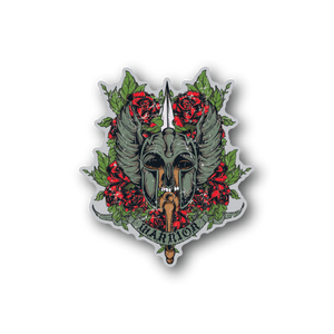 Winged warrior vinyl sticker with skull, red roses, green leaves, and gray wings