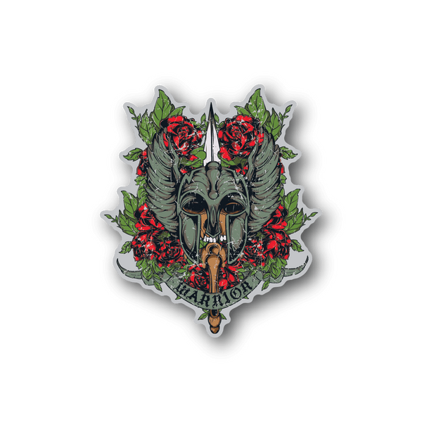 Winged warrior vinyl sticker with skull, red roses, green leaves, and gray wings