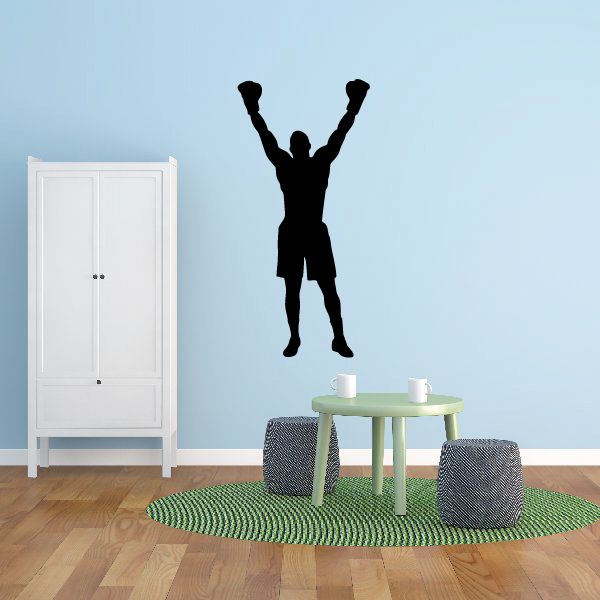 Black boxer wall decal with arms raised victory pose silhouette