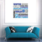 Winter typography printed decal with cold-themed words and snowflakes