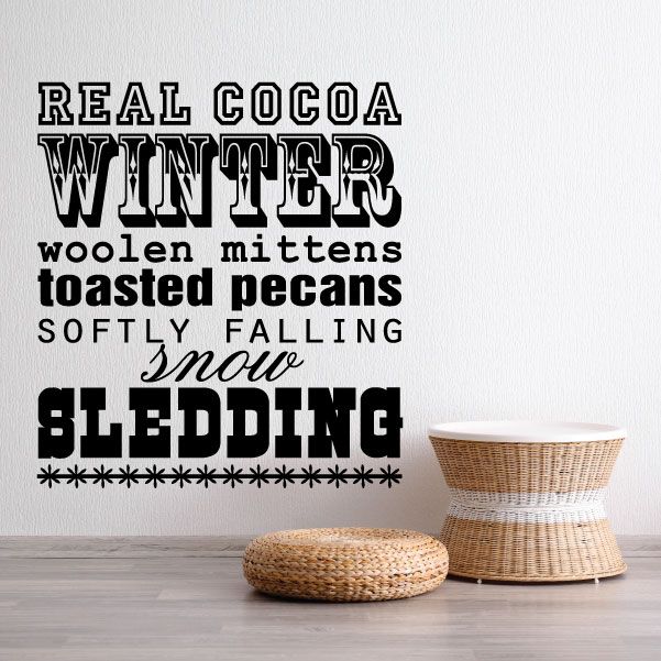Winter word collage wall decal with layered black and white lettering, snowflake accents.
