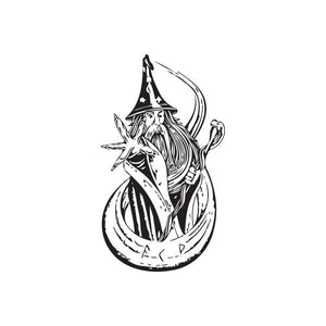 Wizard casting decal in black line art with hat, beard, and wand